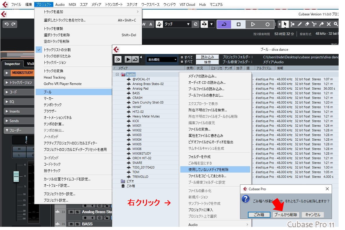 Cubase プール 削除